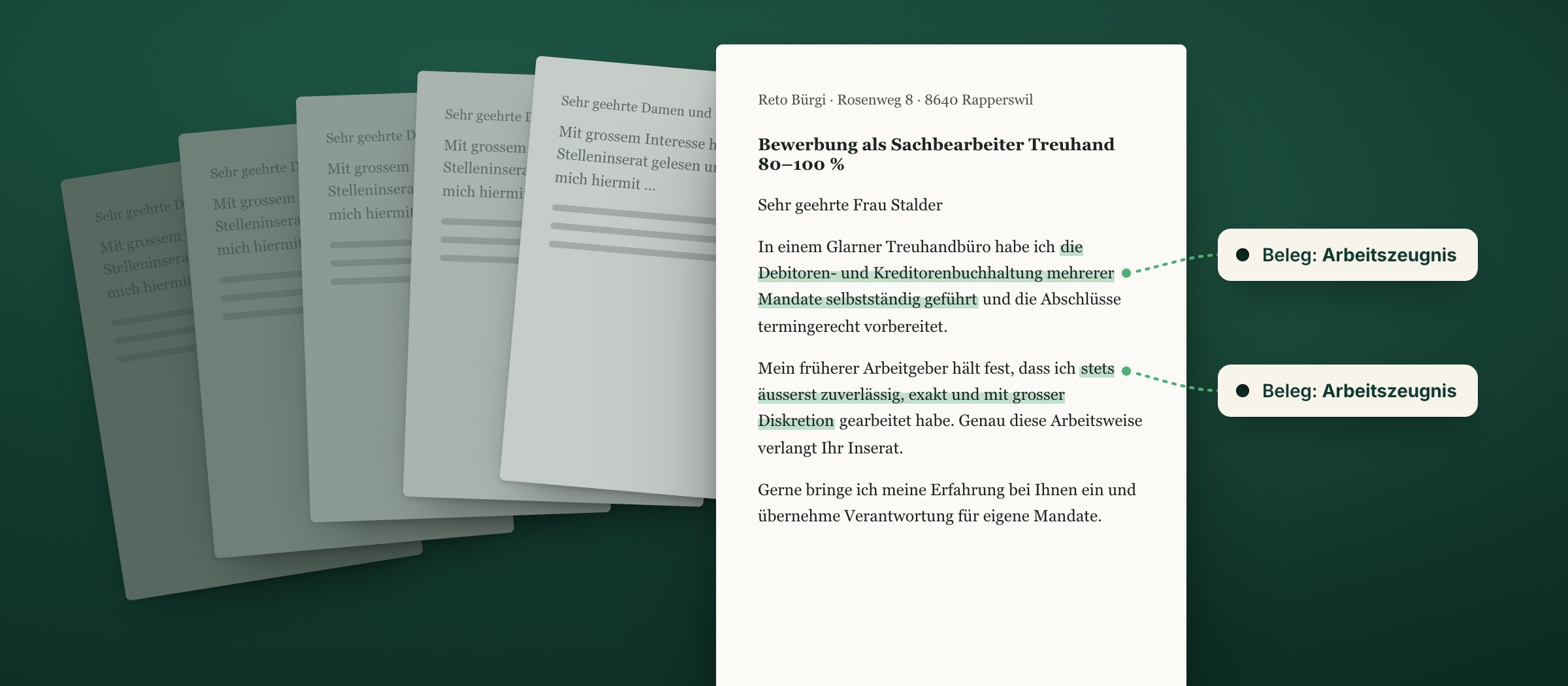 Hinter einem Dossier mit markierten Belegen liegen fünf blasse Anschreiben, die alle mit demselben Satz beginnen.