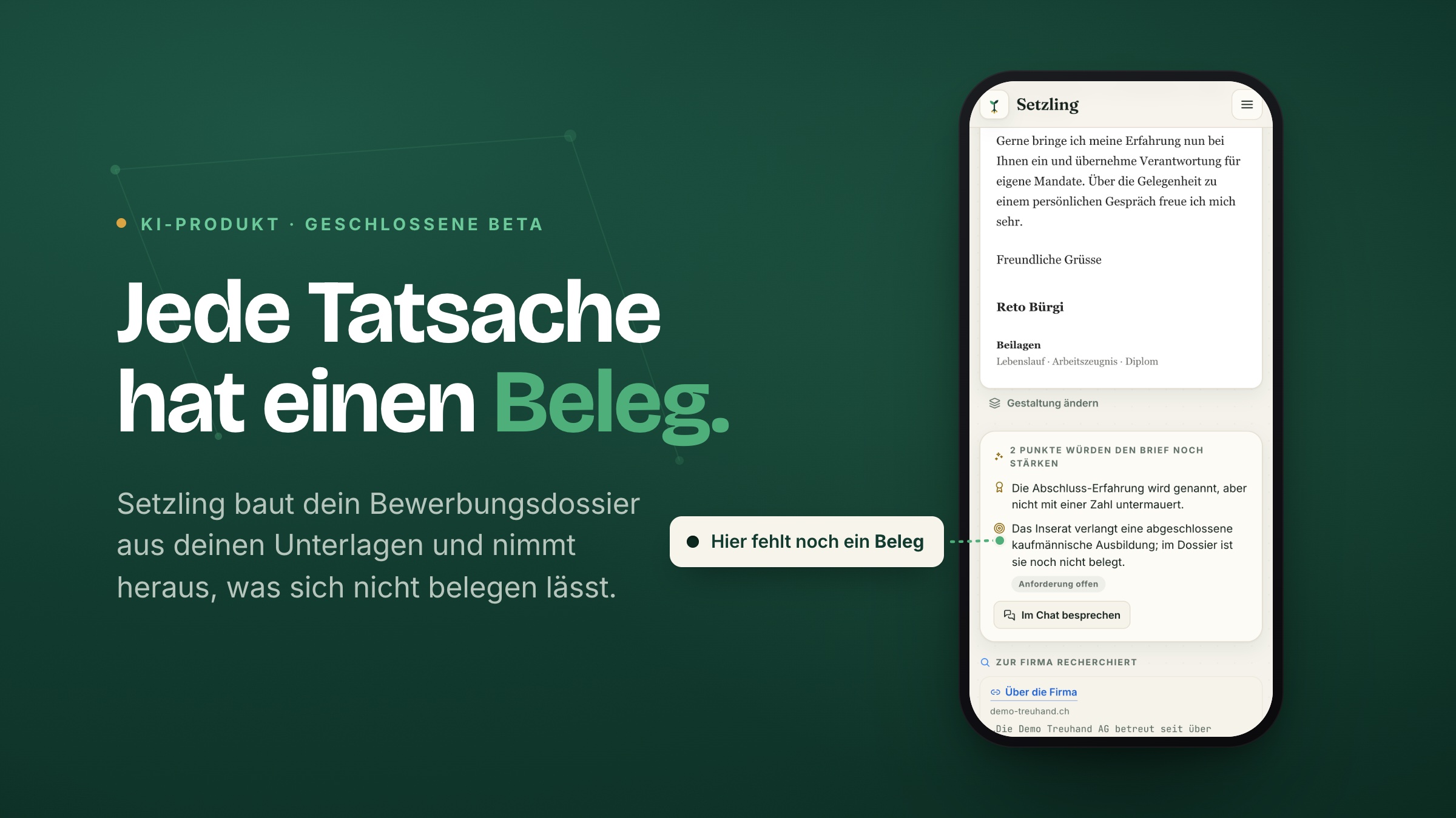 Plakat «Jede Tatsache hat einen Beleg»: der fertige Entwurf im Handy, markiert ist der Hinweis, dass die verlangte kaufmännische Ausbildung im Dossier noch nicht belegt ist