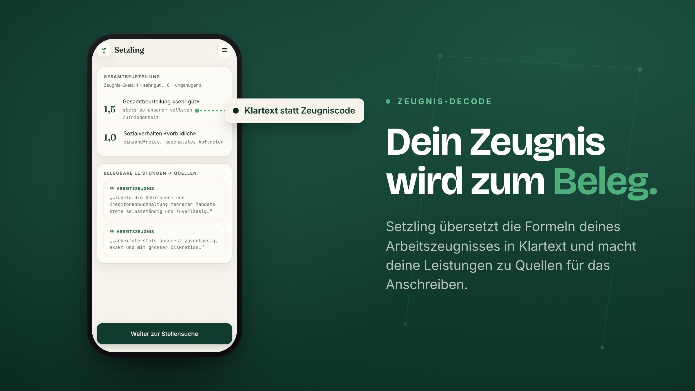 Plakat «Dein Zeugnis wird zum Beleg»: der Zeugnis-Decode mit Gesamtnote 1,5 und belegbaren Leistungen als Zitate aus dem Arbeitszeugnis