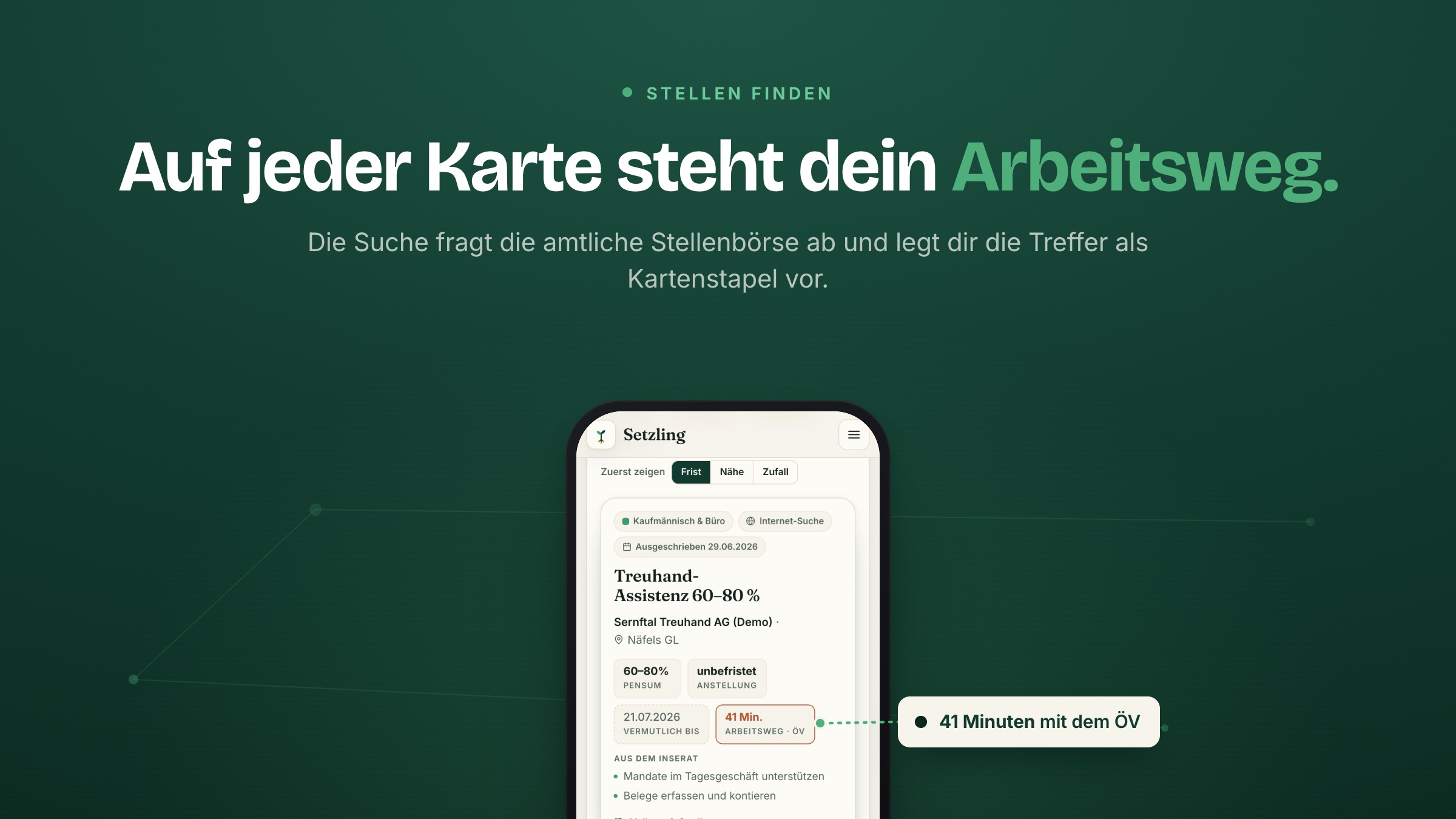Plakat «Auf jeder Karte steht dein Arbeitsweg»: eine Stellenkarte im Job-Stapel mit 41 Minuten Arbeitsweg im ÖV