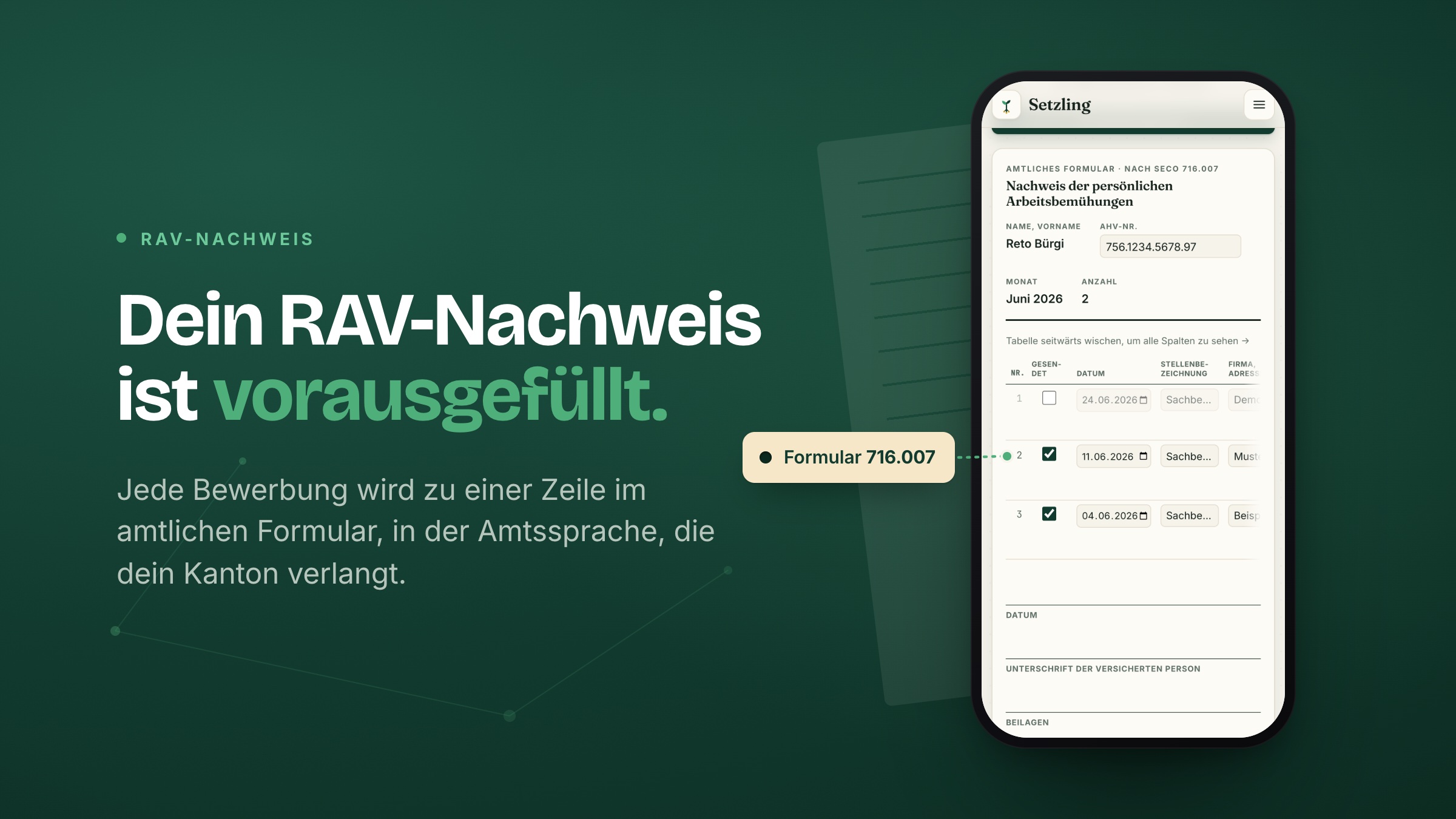 Plakat «Dein RAV-Nachweis ist vorausgefüllt»: das amtliche Formular 716.007 mit den Bewerbungen des Monats