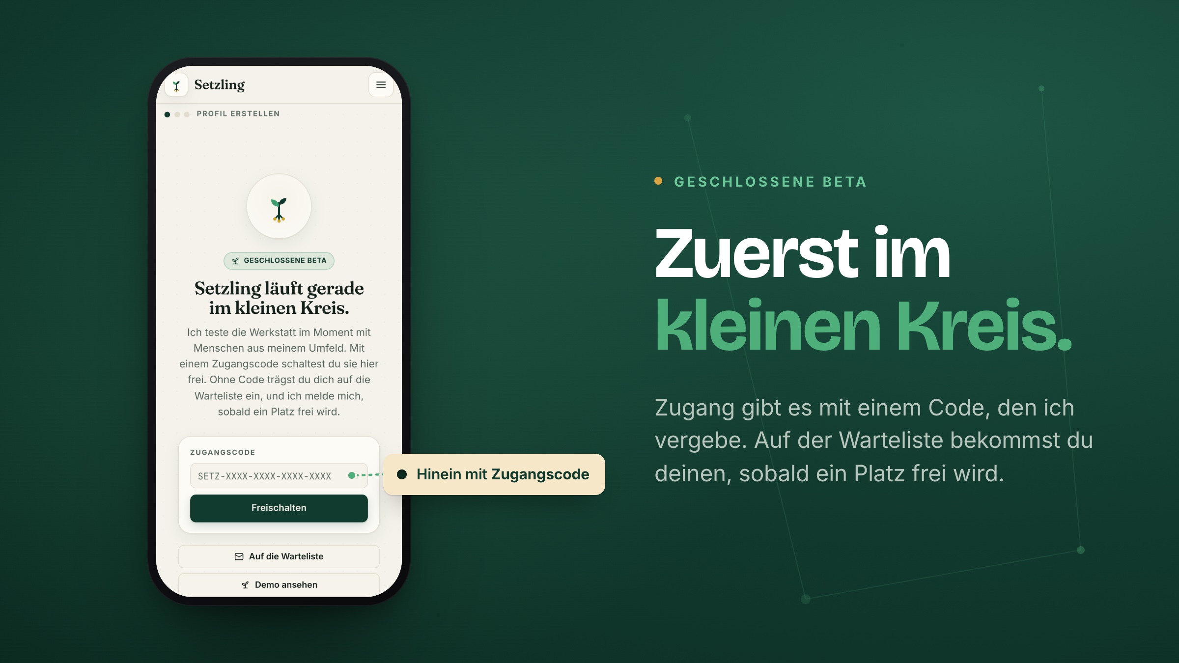 Plakat «Zuerst im kleinen Kreis»: die Beta-Schranke mit dem Feld für den Zugangscode und dem Weg zur Warteliste