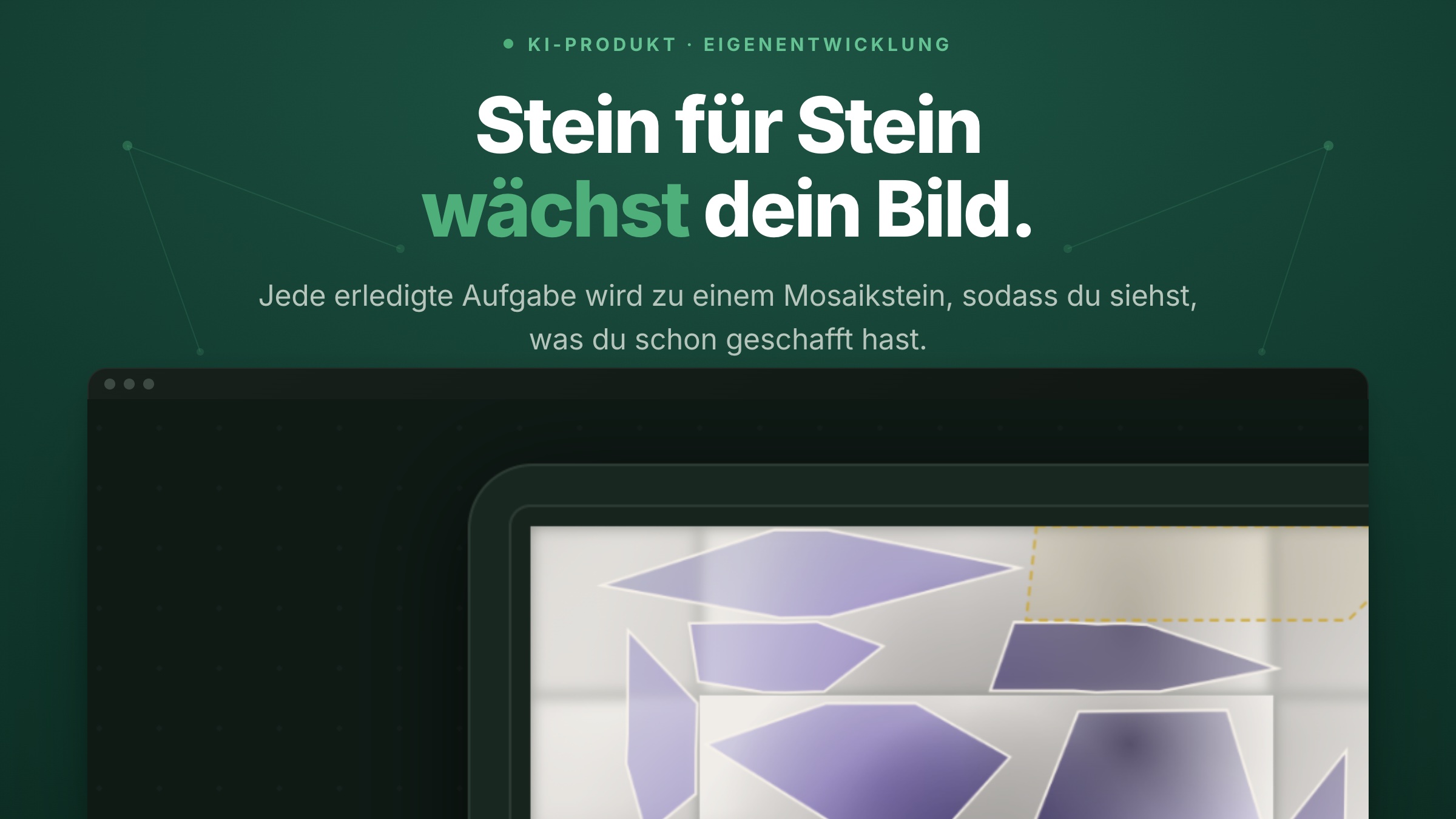 Tessera-Slide «Stein für Stein wächst dein Bild» – das wachsende Mosaik im App-Fenster, aus erledigten Aufgaben zusammengesetzt
