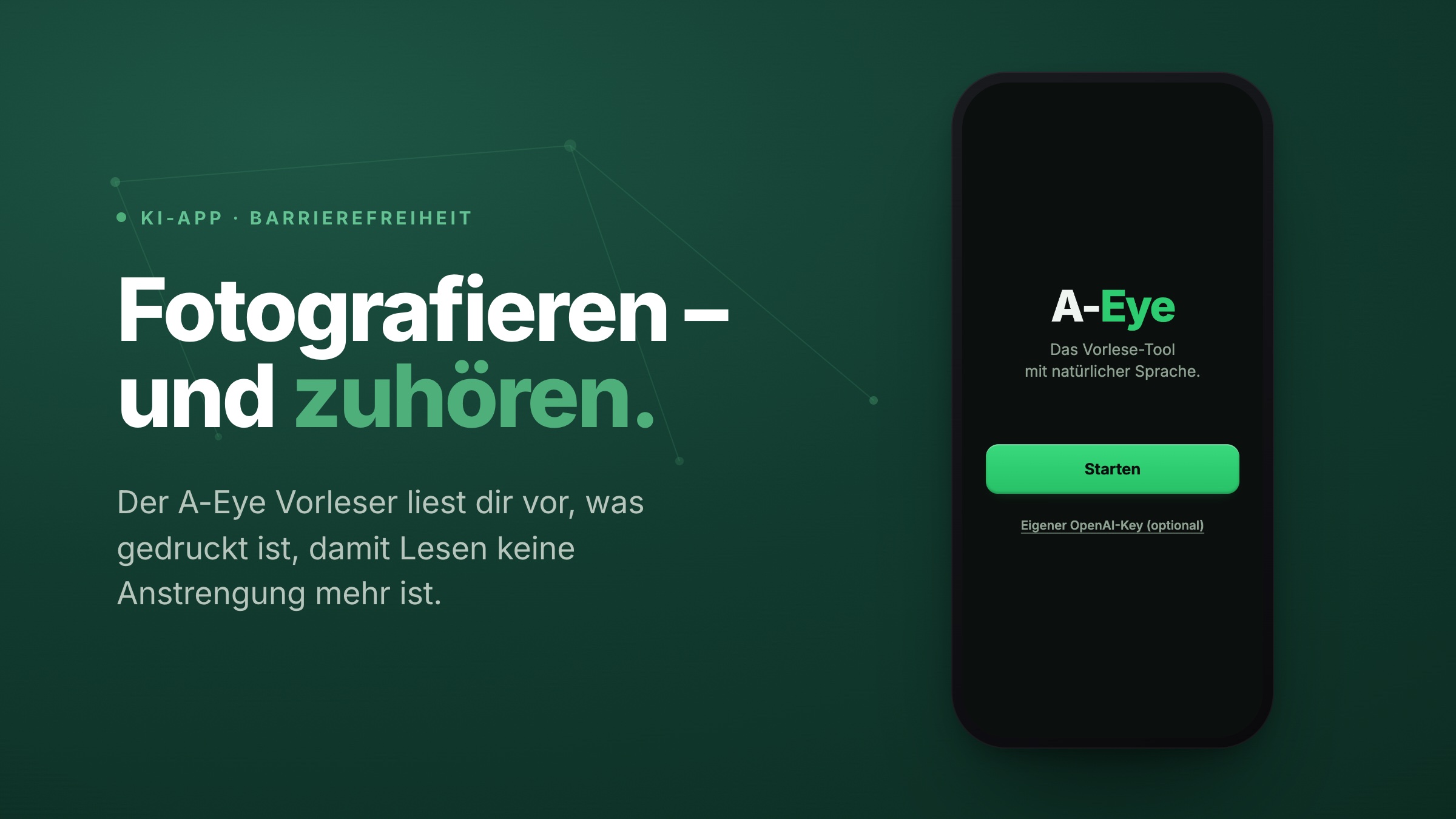 Ad-Slide «Fotografieren – und zuhören»: der Startbildschirm des A-Eye Vorlesers neben der Kernaussage