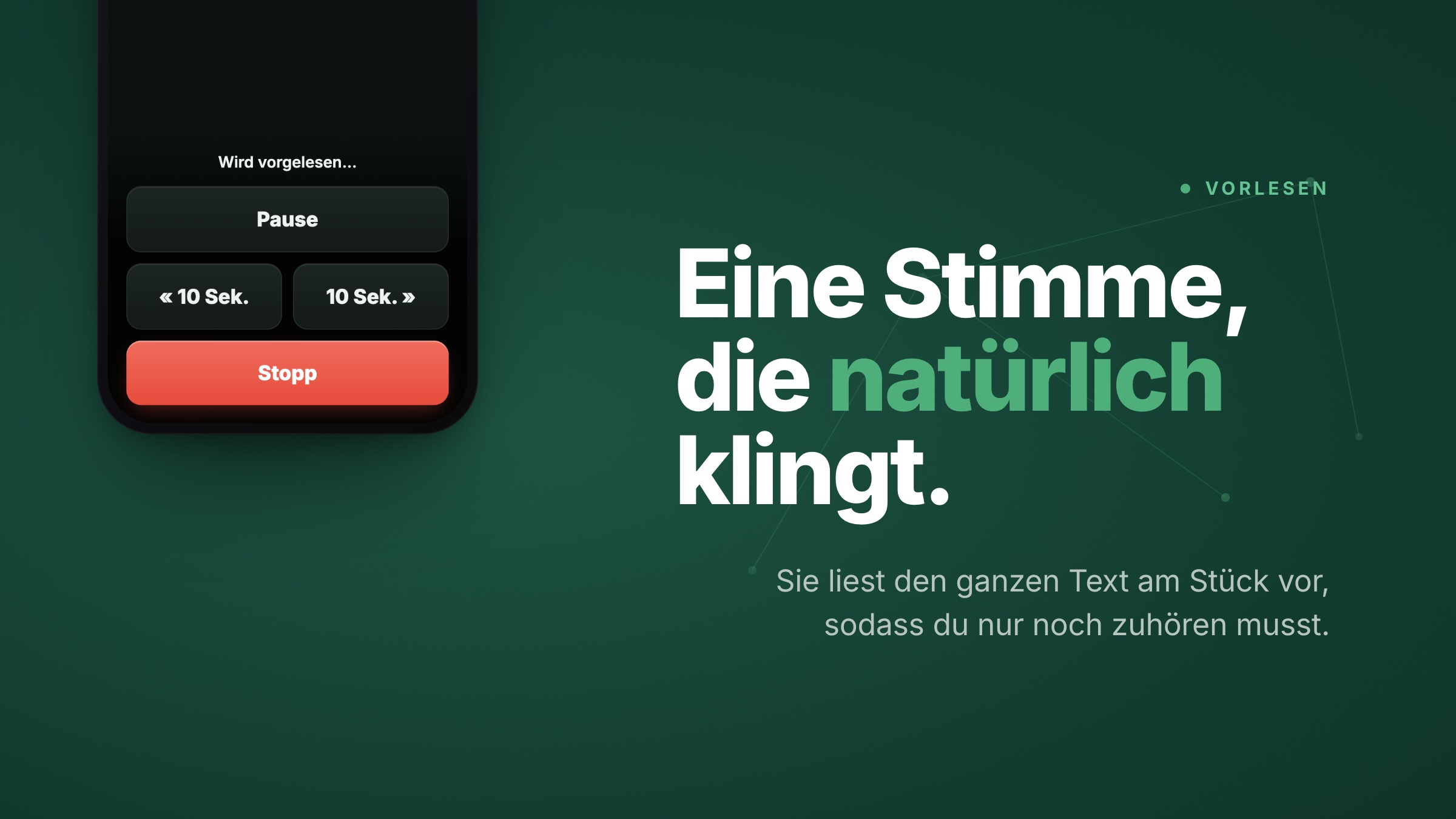 Ad-Slide «Eine Stimme, die natürlich klingt» mit der Vorlese-Ansicht des A-Eye Vorlesers