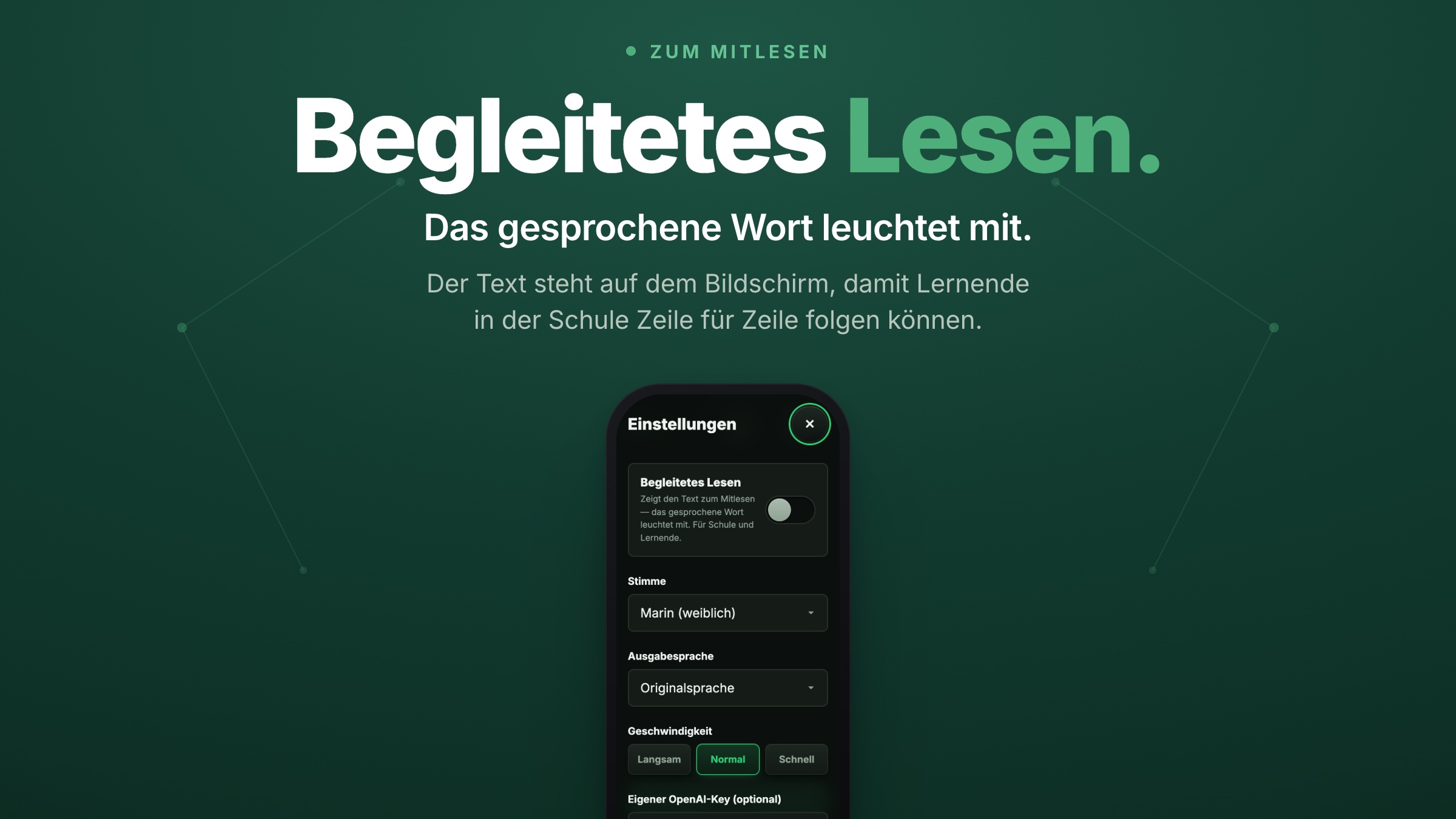 Ad-Slide «Begleitetes Lesen» mit den Einstellungen: das gesprochene Wort leuchtet mit